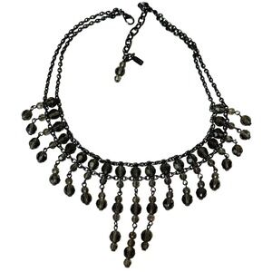 Tanner Necklace Signed Collar Smokey Crystal Beaded Fringe Statement Goth Black